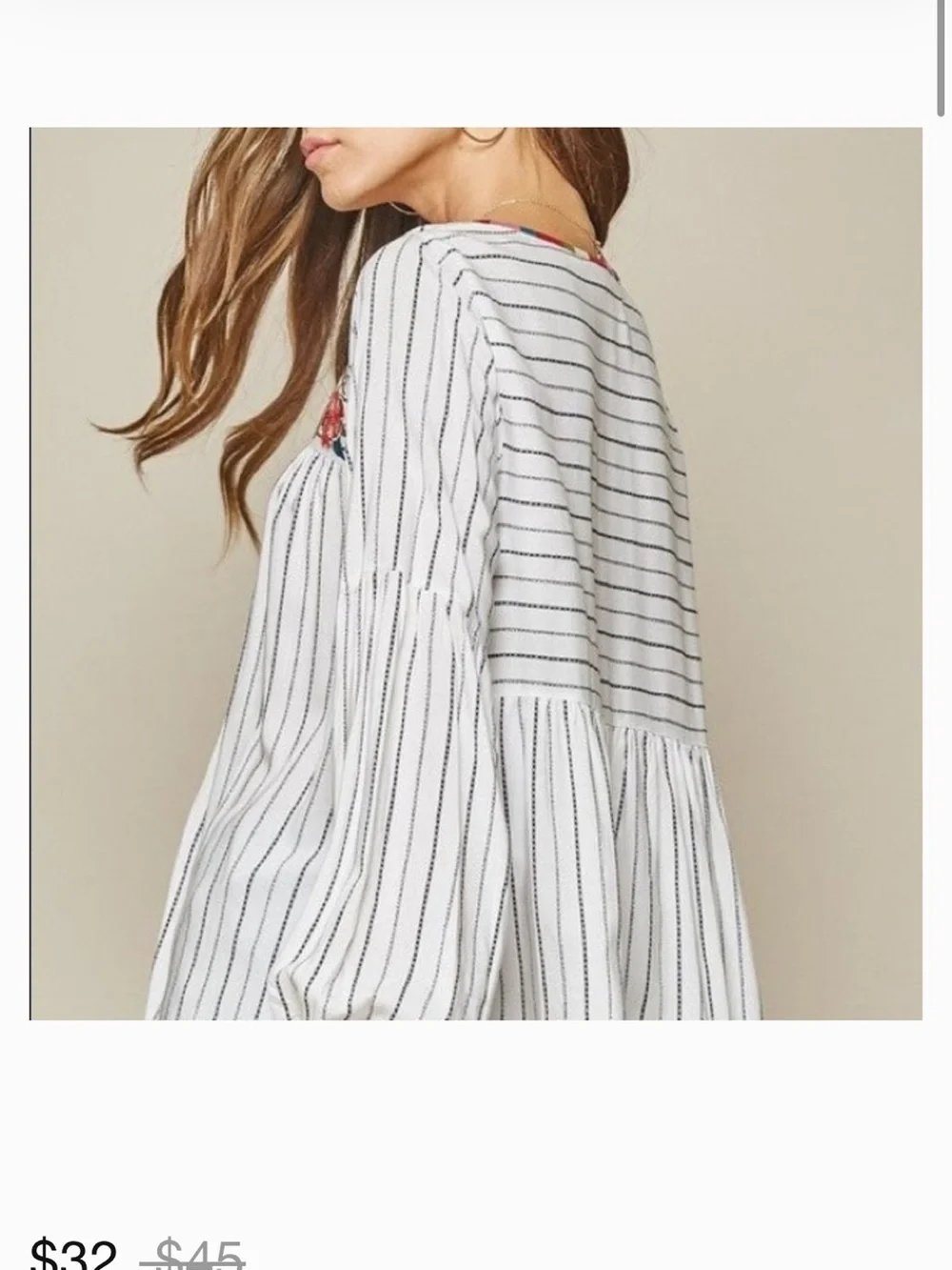 Striped White Peasant Top Embroidered Floral Yoke - White, Med - Picture 3 of 11